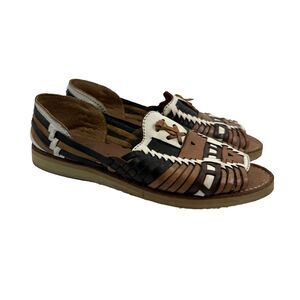 La Perla Huarache Sandal Flat Woven Leather Slip On Peep Toe Brown White Black 6
